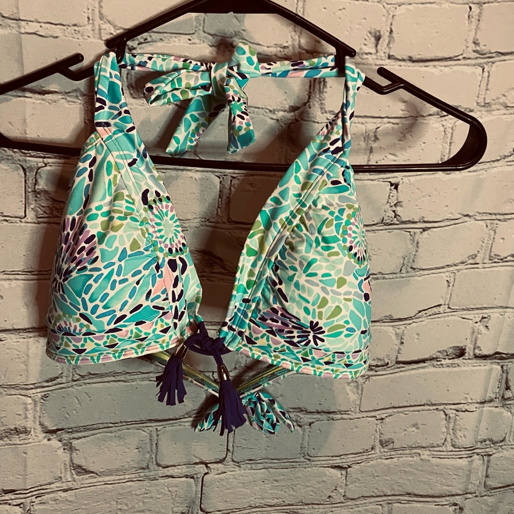 Lilly Pulitzer Green and Blue Bikini Top with Decorative Print